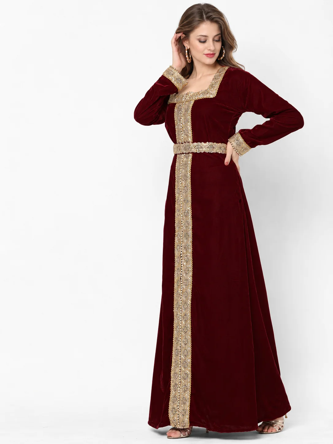 Maroon Velvet Maxi Gown with Golden Lace Embroidery