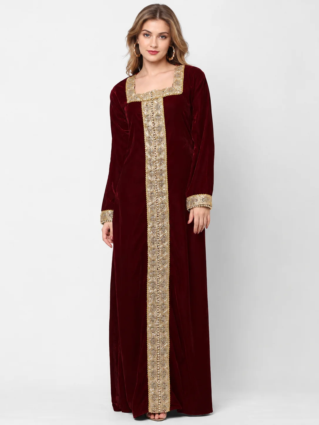 Maroon Velvet Maxi Gown with Golden Lace Embroidery - Image 5