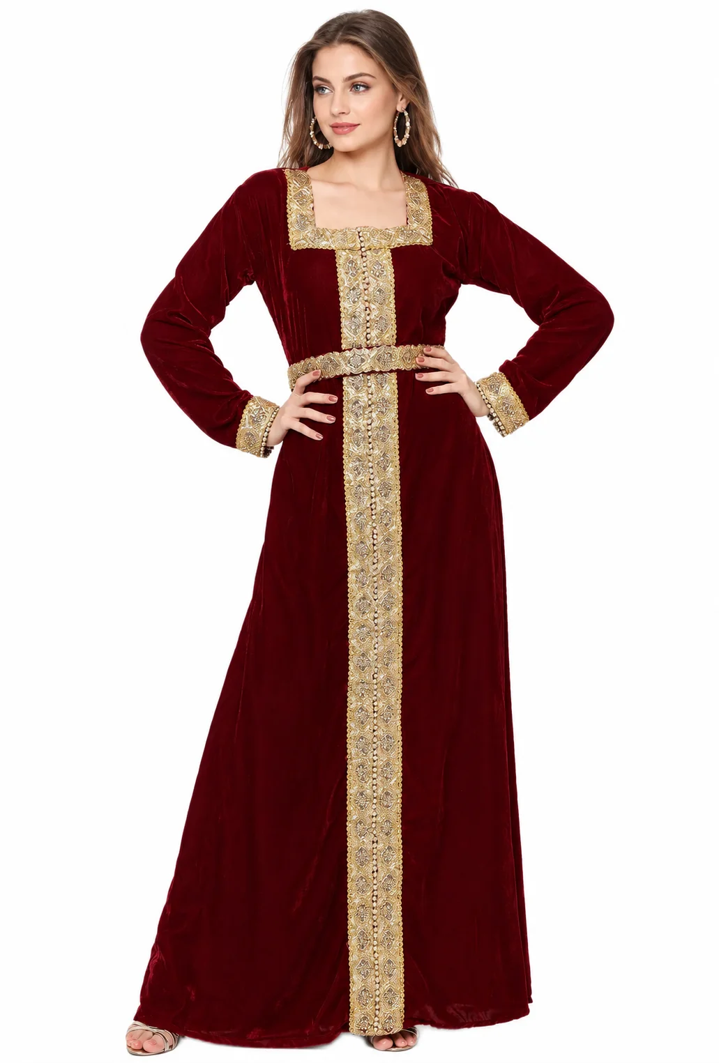 Maroon Velvet Maxi Gown with Golden Lace Embroidery - Image 7
