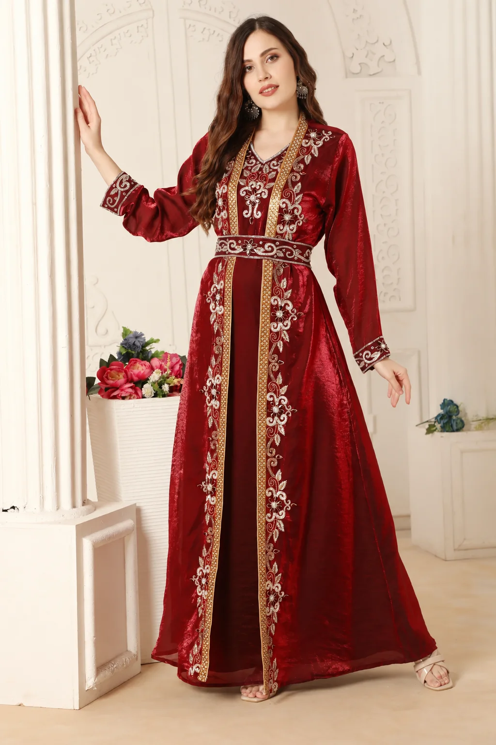 Maroon and Gold Zari Embroidered Front-Open Wedding Gown - Image 3