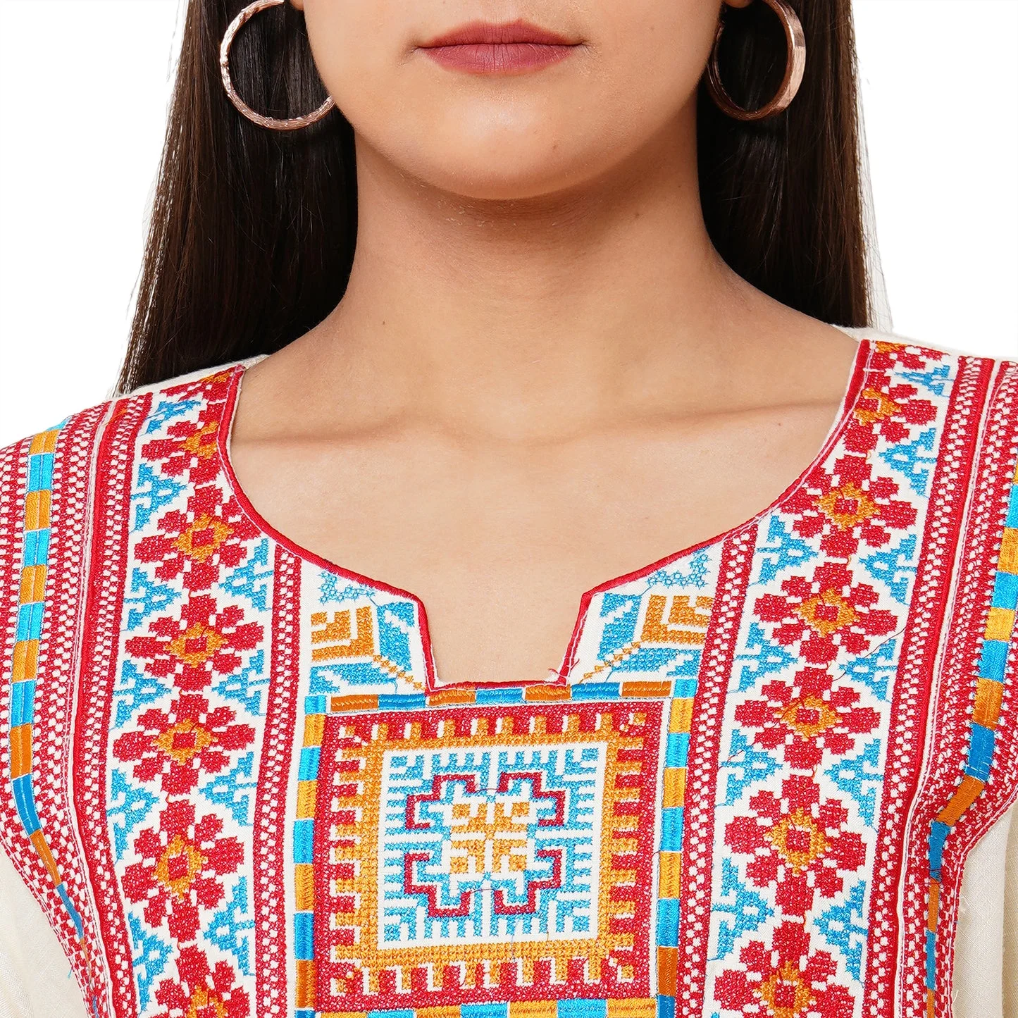 Cream Embroidered Rayon Kaftan Maxi Dress with Scarf Option - Image 2