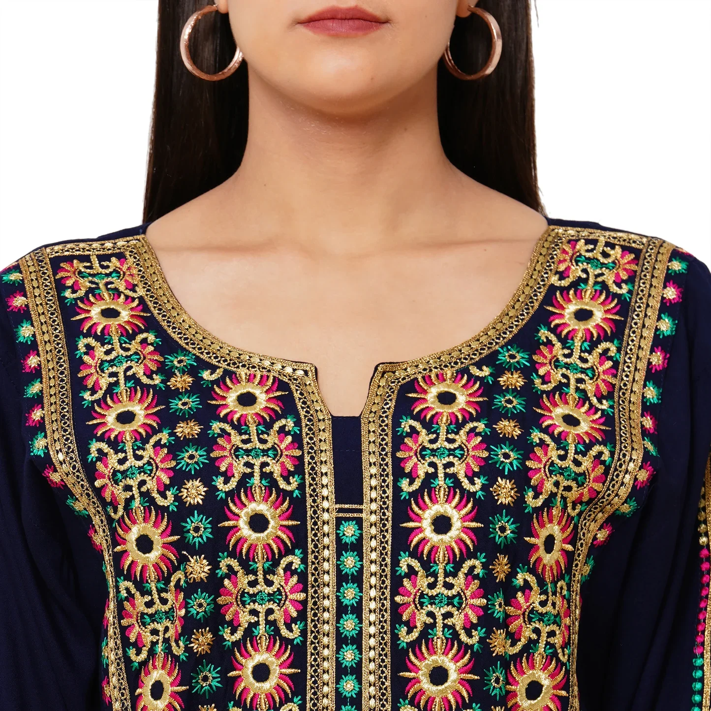 Navy Blue Floral Embroidered Rayon Maxi Dress with Belt - Image 2