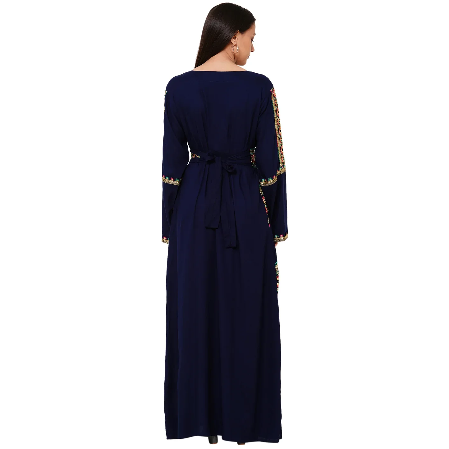 Navy Blue Floral Embroidered Rayon Maxi Dress with Belt - Image 3