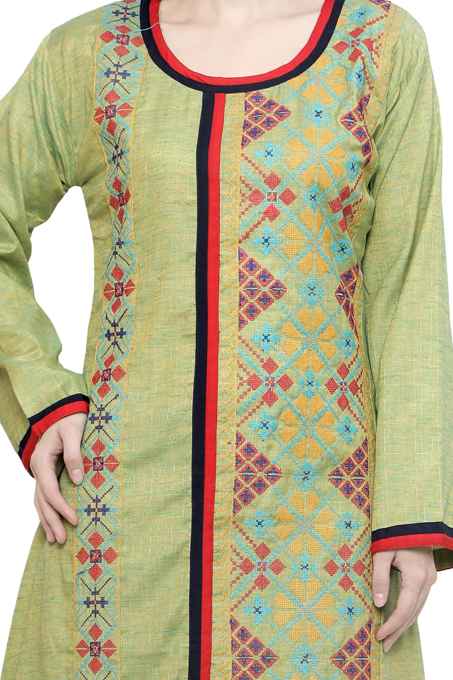Light Green Cotton Maxi Dress with Cross-Stitch Embroidery - Image 2