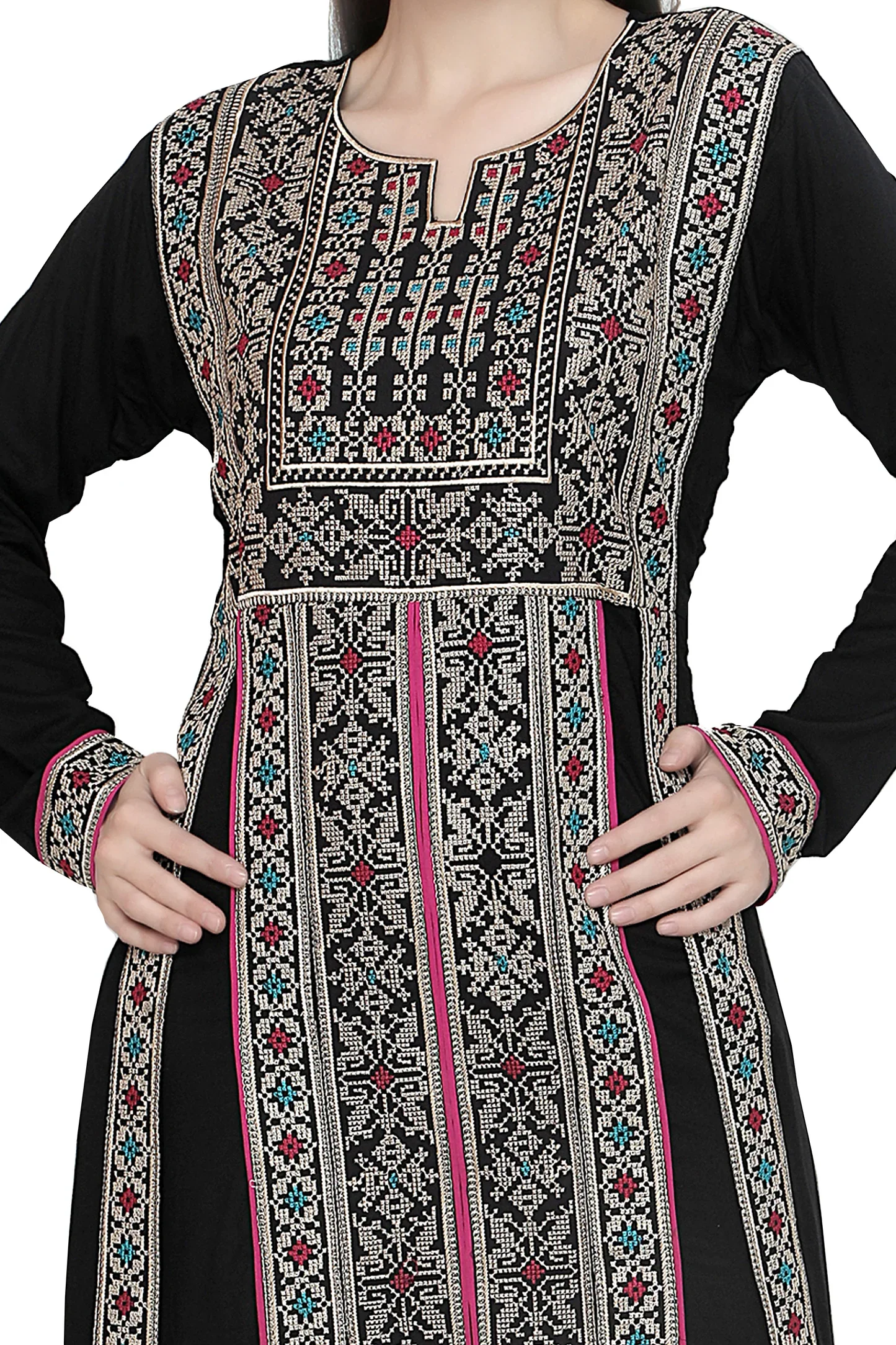 Black Rayon Kaftan Maxi Dress with Cross-Stitch Embroidery - Image 2