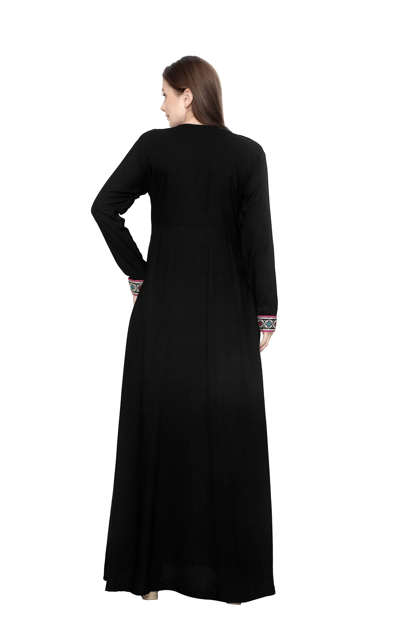 Black Rayon Kaftan Maxi Dress with Cross-Stitch Embroidery - Image 3