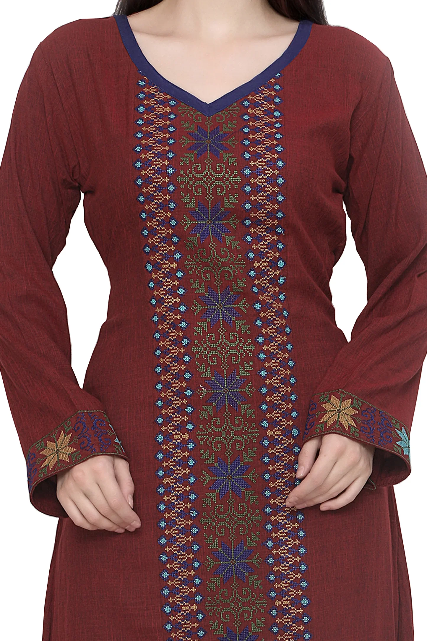 Maroon Rayon Kaftan with Cross-Stitch Embroidery - Image 2