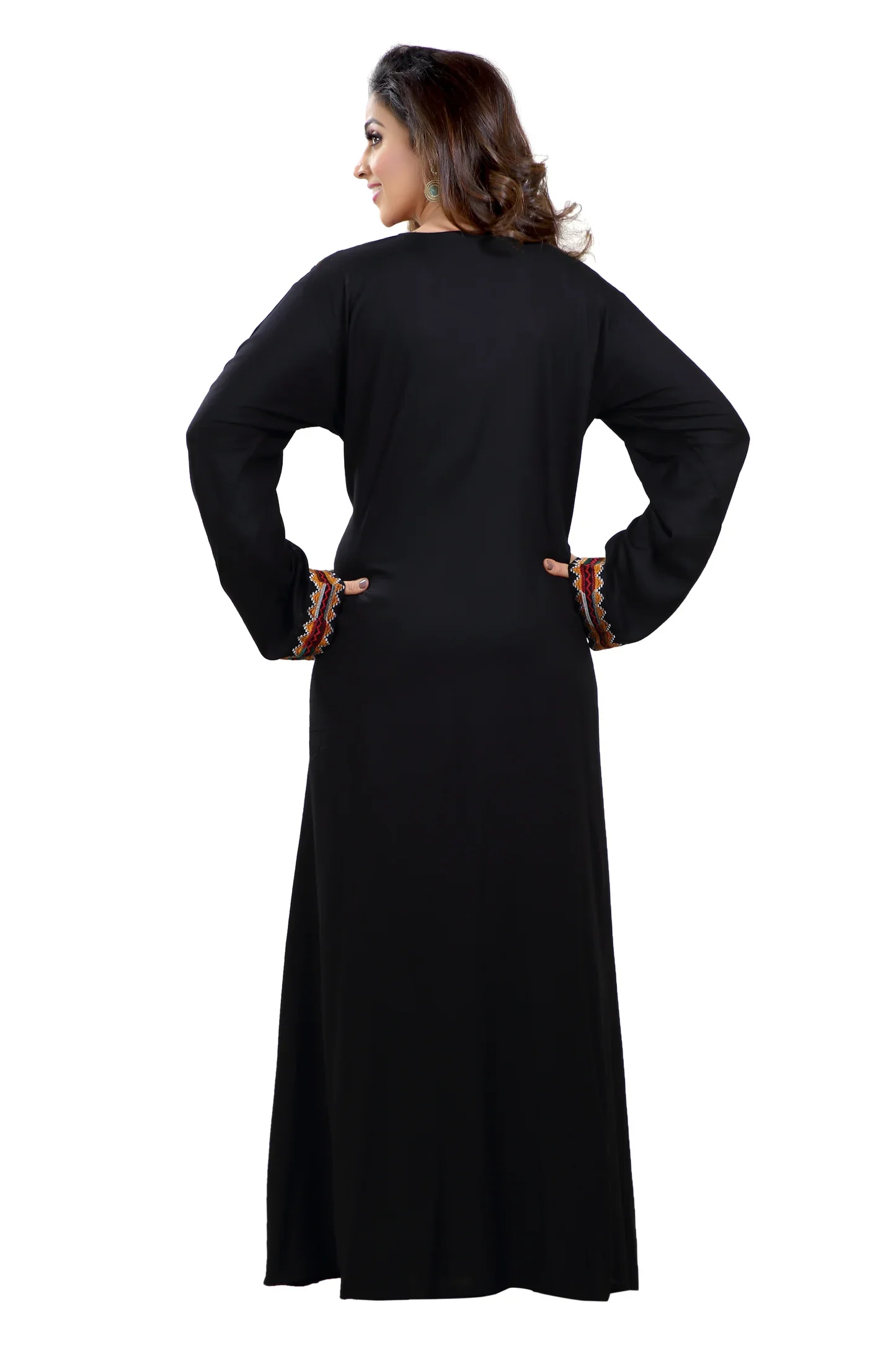 Black Cross-Stitch Embroidered Rayon Kaftan Dress with Belt - Image 2