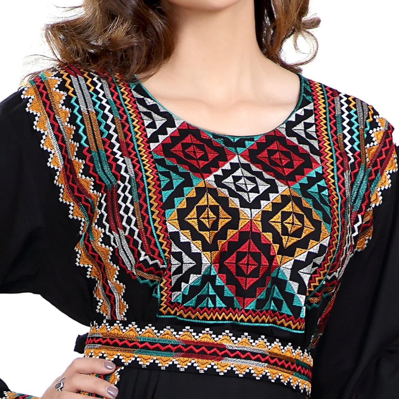 Black Cross-Stitch Embroidered Rayon Kaftan Dress with Belt - Image 3