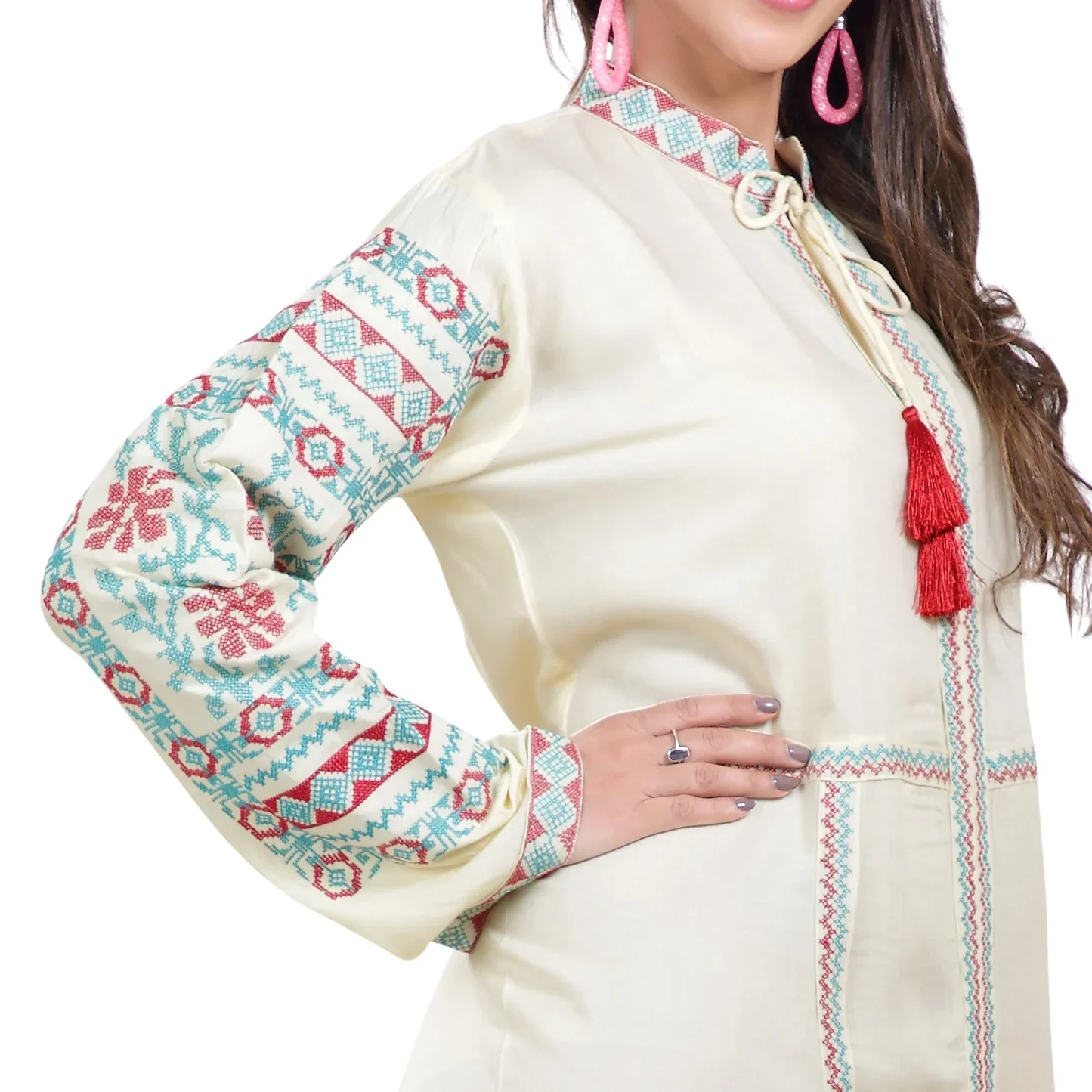 Cream Rayon Kaftan Maxi Dress with Embroidered Lace - Image 2