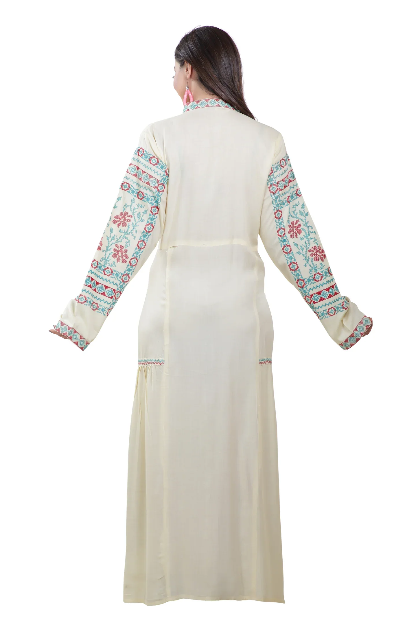 Cream Rayon Kaftan Maxi Dress with Embroidered Lace - Image 3