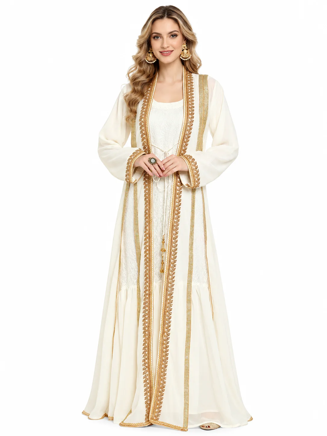 Cream Embroidered Maxi Dress with Golden Crystal Lace - Image 2