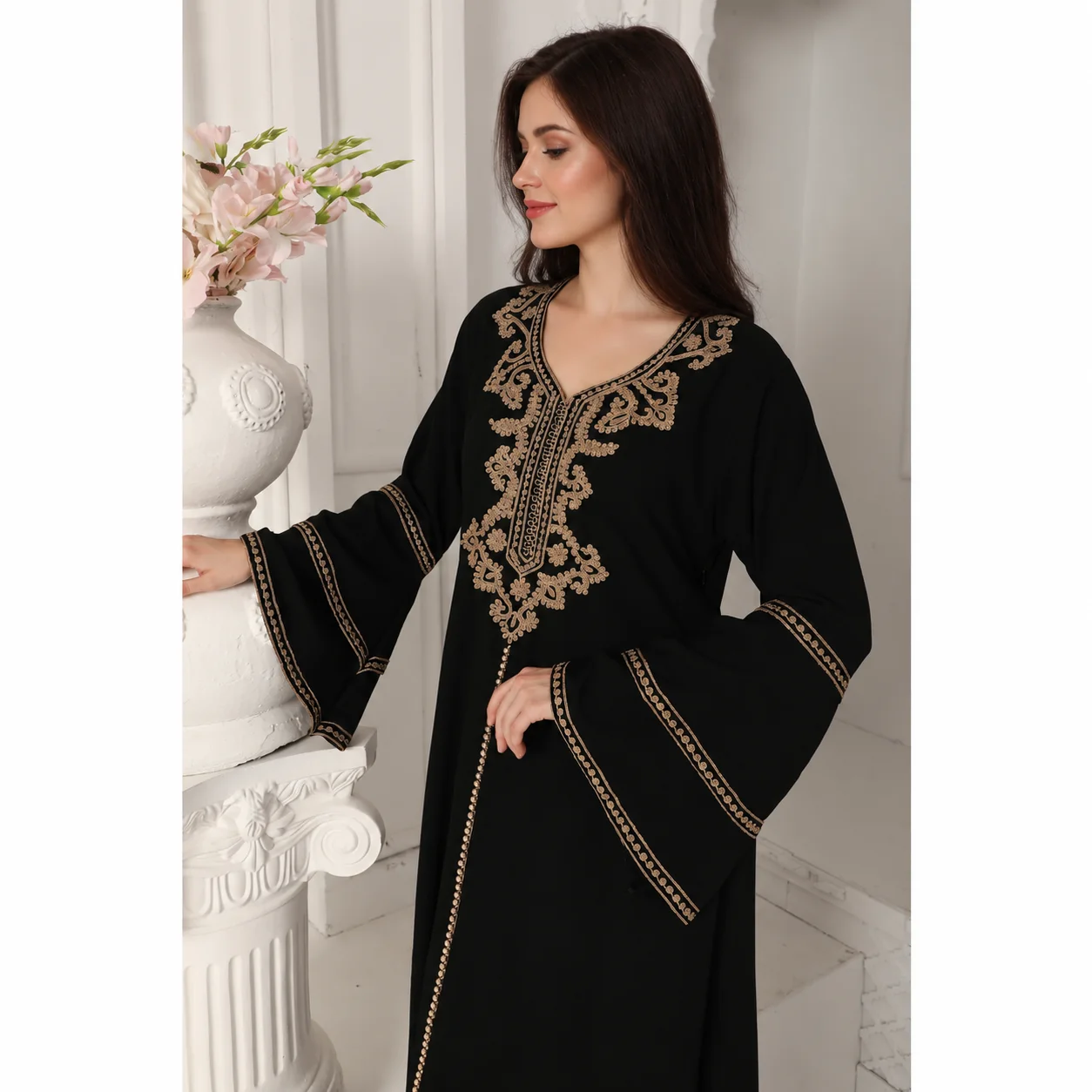 Black Jalabiya Kaftan with Gold Embroidery and Flared Sleeves - Image 4