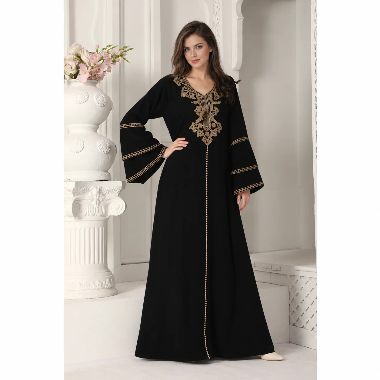 Black Jalabiya Kaftan with Gold Embroidery and Flared Sleeves - Image 3