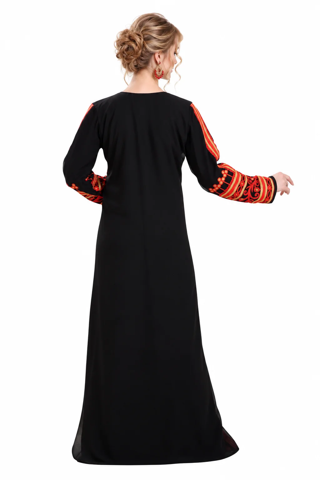 Black Farasha Maxi Dress with Gold & Red Embroidery - Image 3
