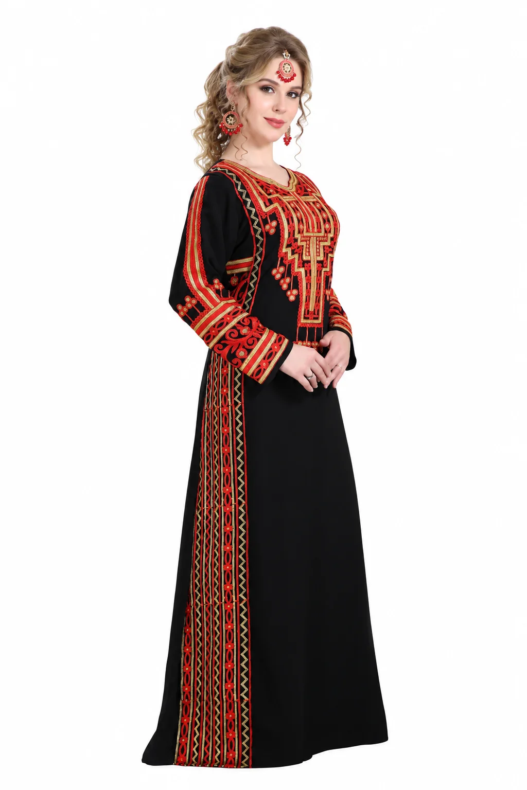 Black Farasha Maxi Dress with Gold & Red Embroidery - Image 4