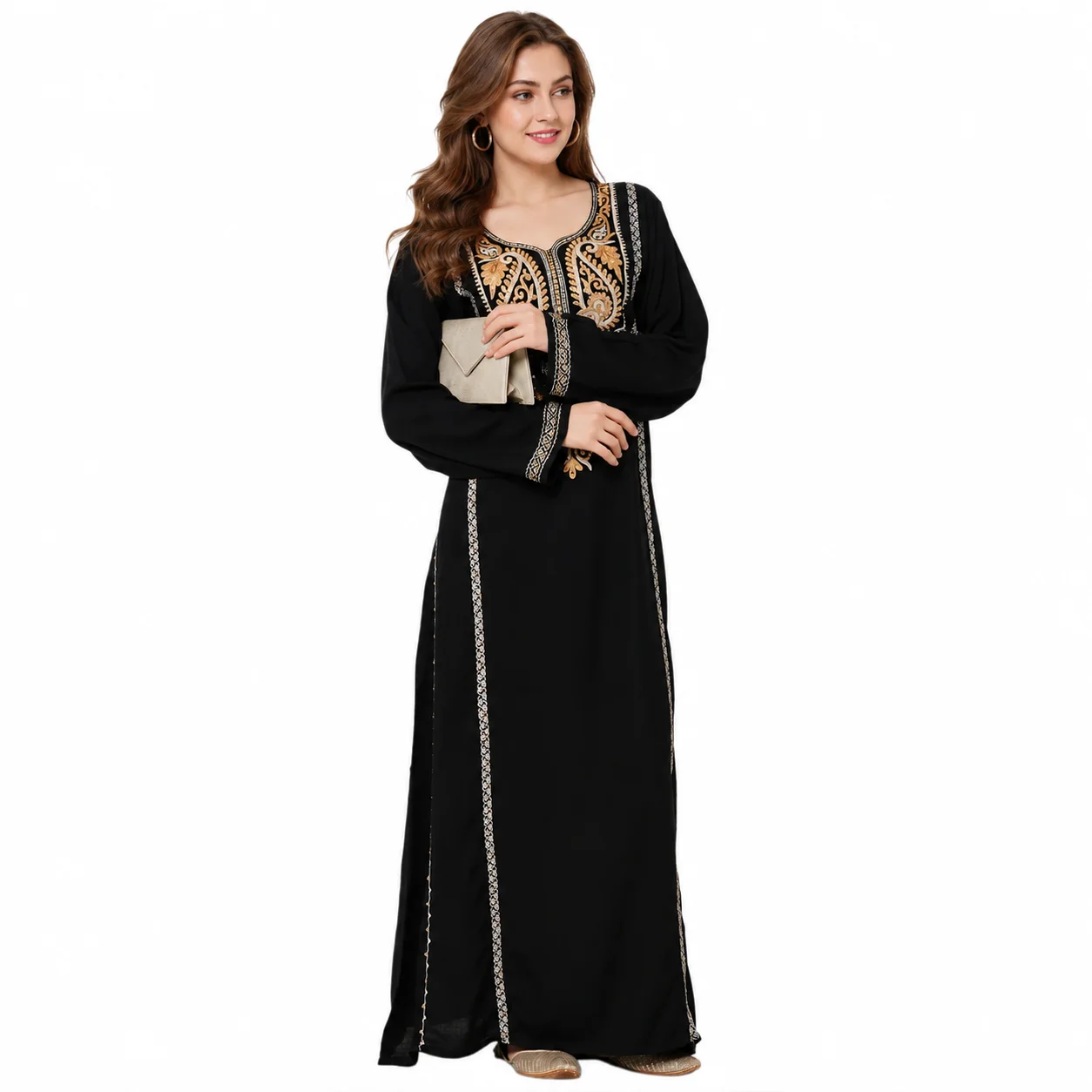 Black Rayon Maxi Dress with Golden Crystal Embroidery - Image 3