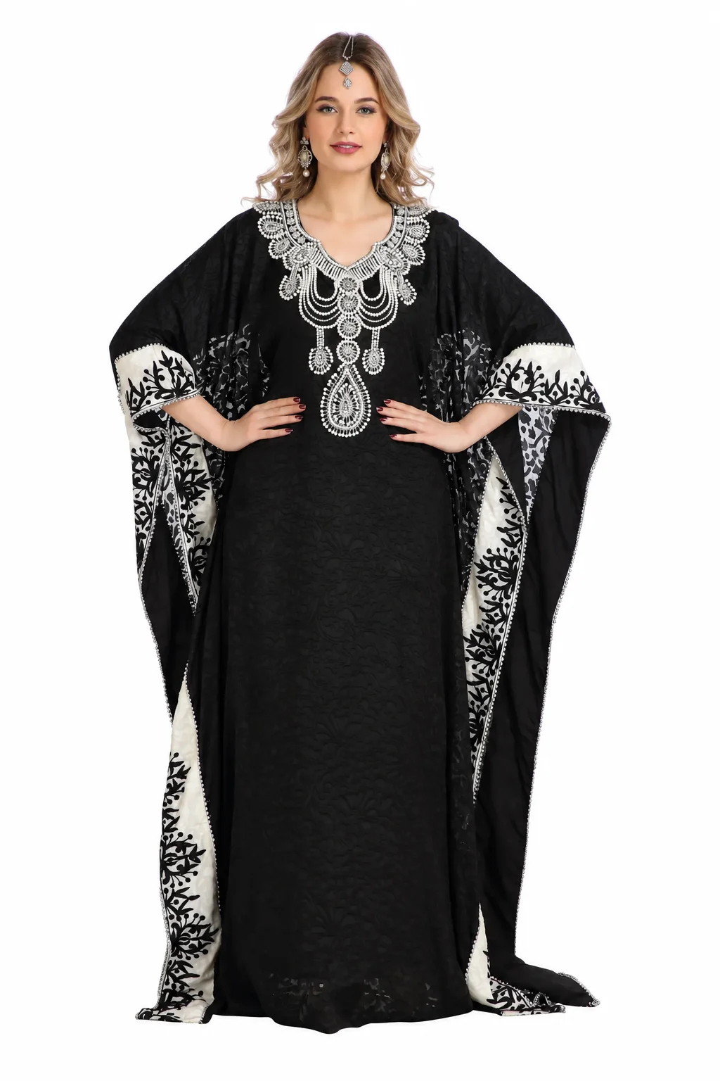 Black Brasso Dubai Kaftan Abaya with Silver Handwork
