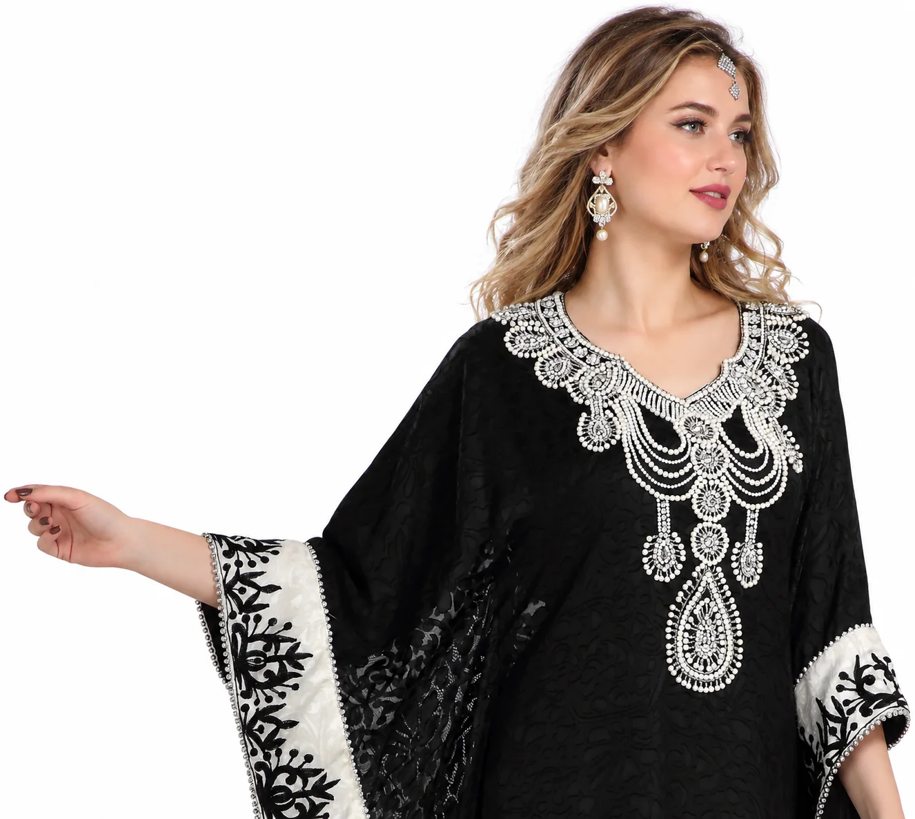 Black Brasso Dubai Kaftan Abaya with Silver Handwork - Image 2