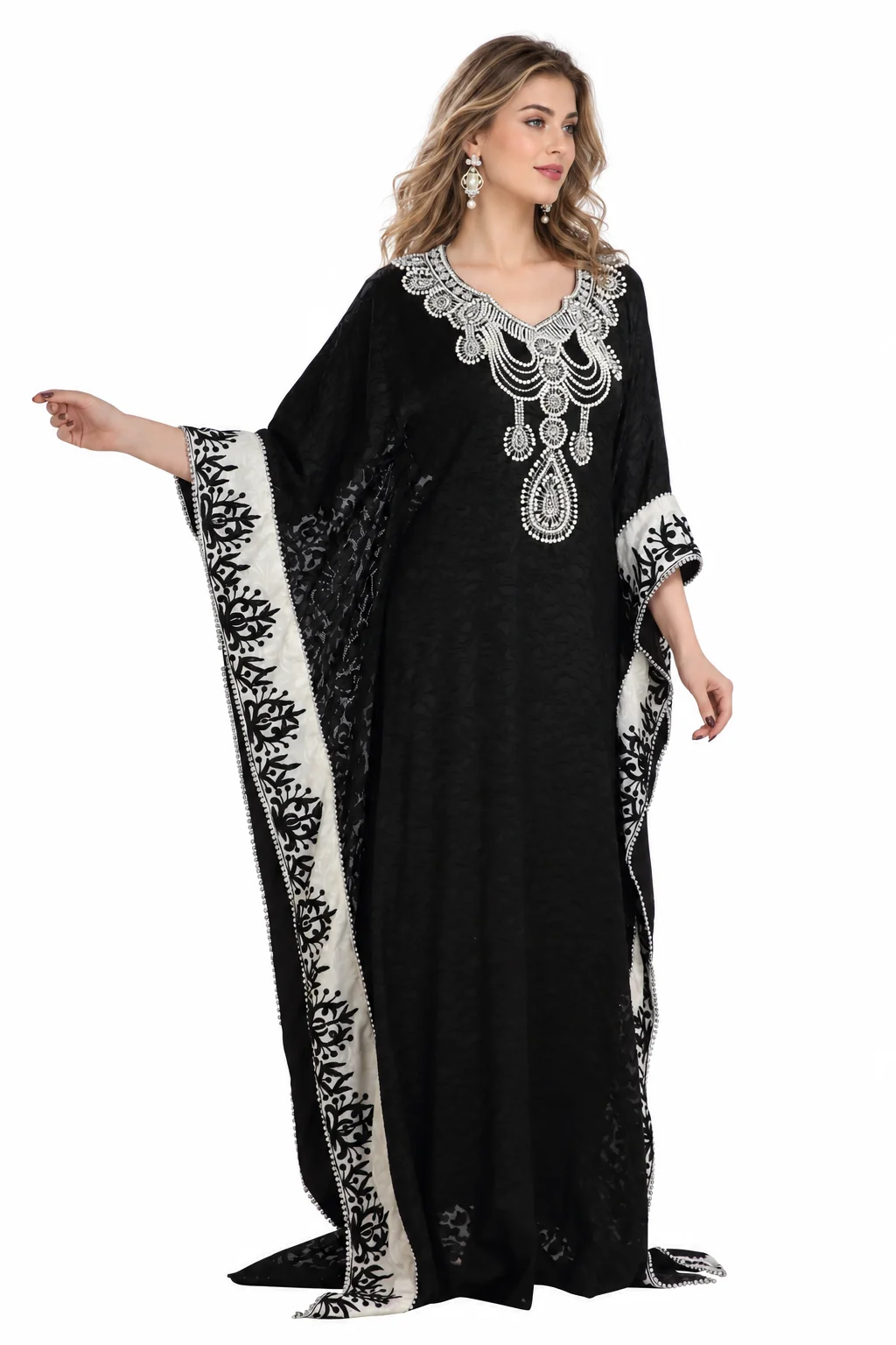 Black Brasso Dubai Kaftan Abaya with Silver Handwork - Image 3
