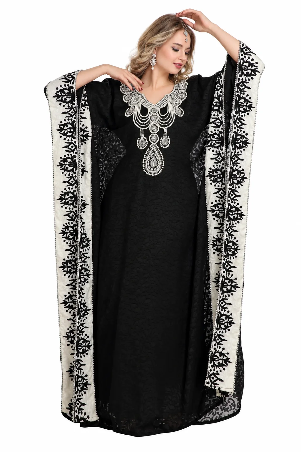 Black Brasso Dubai Kaftan Abaya with Silver Handwork - Image 4