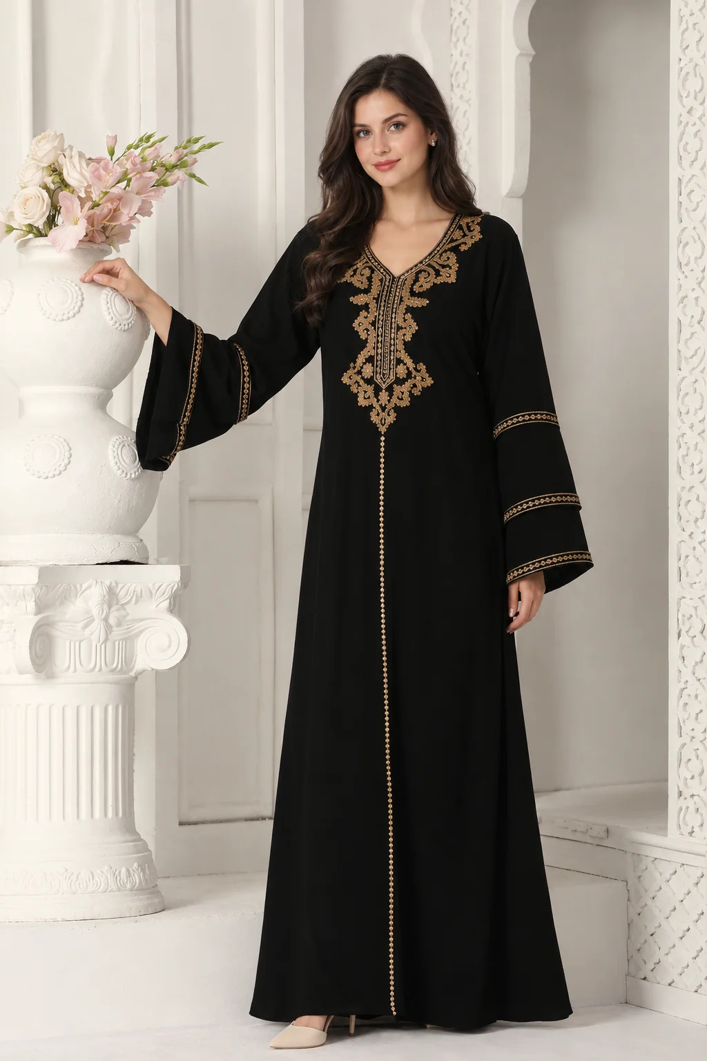 Black Jalabiya Kaftan with Gold Embroidery and Flared Sleeves - Image 5