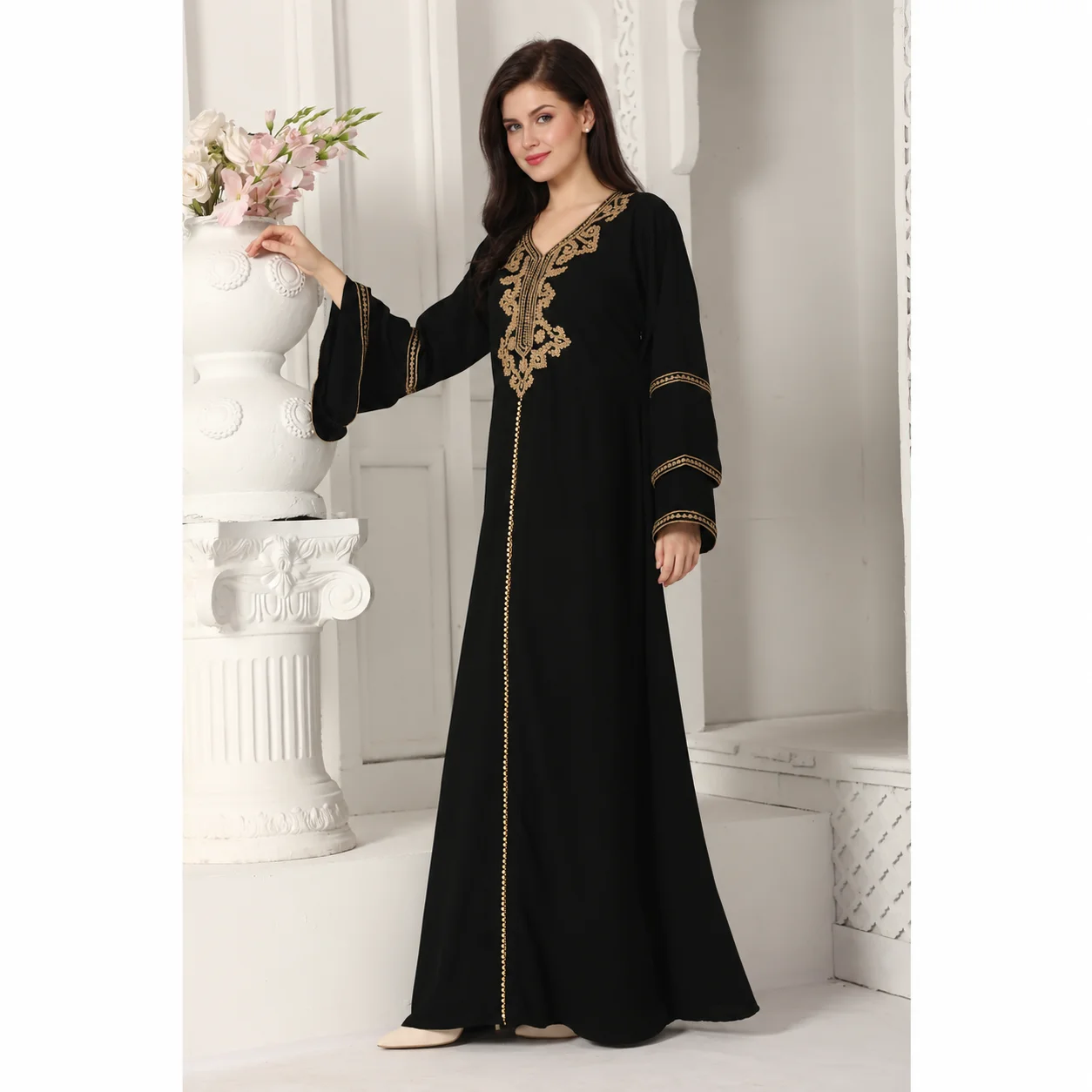 Black Jalabiya Kaftan with Gold Embroidery and Flared Sleeves