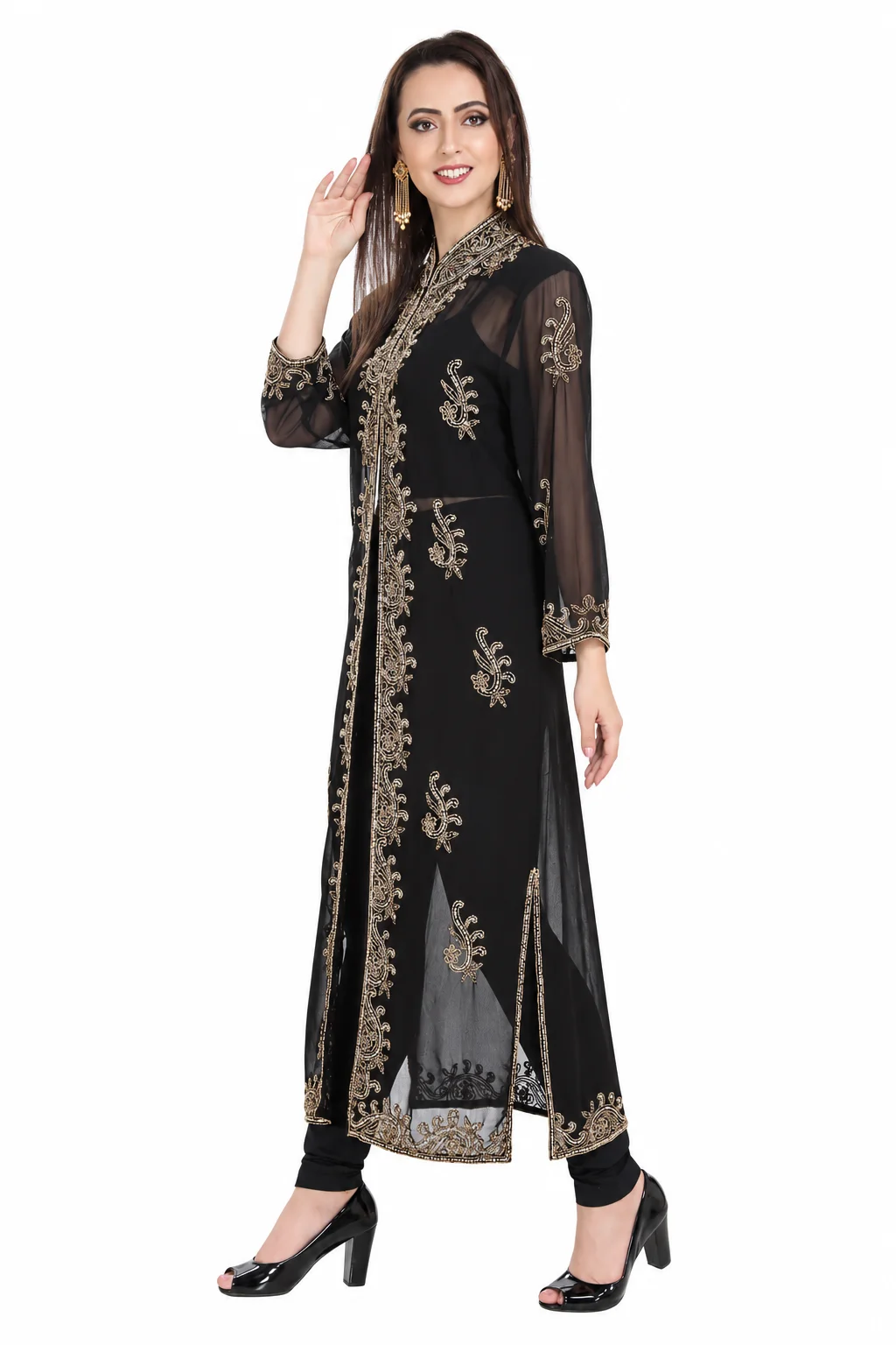 Handmade Golden Sequin Embellished Georgette Cardigan - Image 3