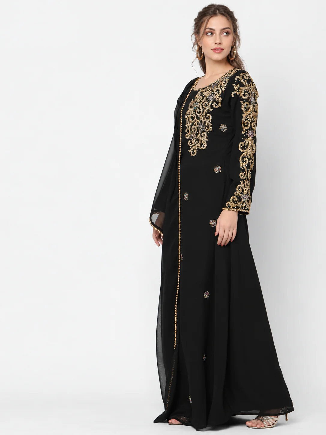 Black Georgette Arabian Jalabiya Gown with Gold Beads - Image 3