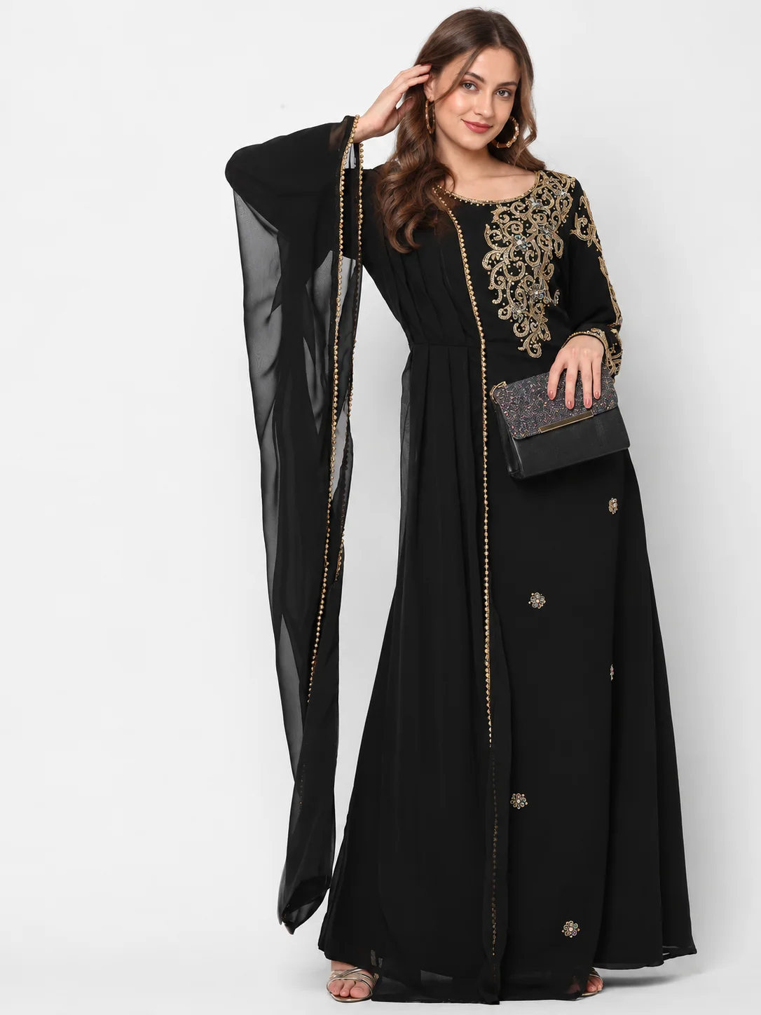Black Georgette Arabian Jalabiya Gown with Gold Beads - Image 4