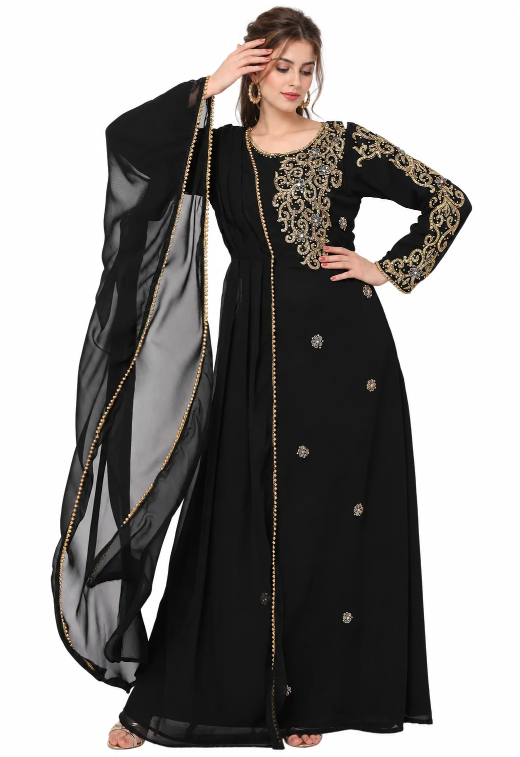 Black Georgette Arabian Jalabiya Gown with Gold Beads - Image 5