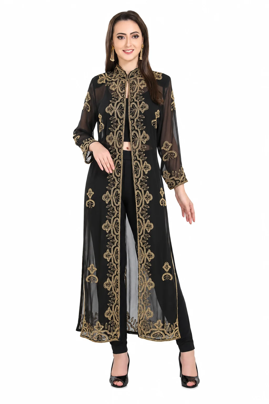 Embroidered Georgette Overcoat Maxi Gown for Women
