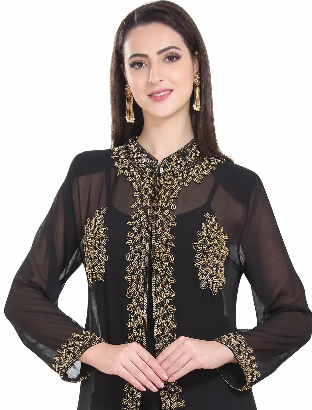 Black Embroidered Georgette Overcoat Kurti for Women