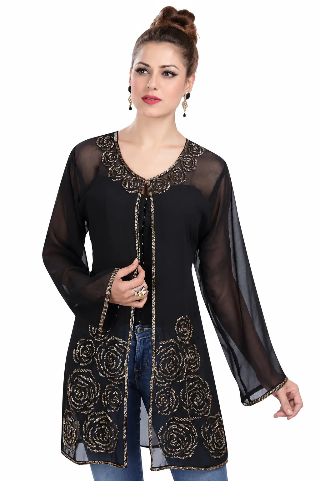Black Georgette Party Dress with Golden Bead Embellishment