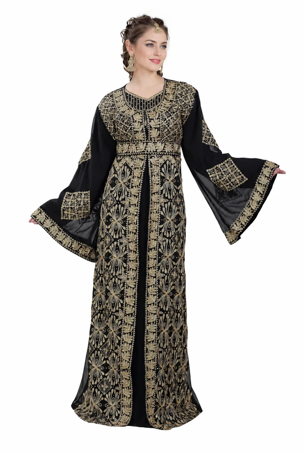 Black Arabian Walima Kaftan Gown with Golden Crystal Embroidery - Image 3