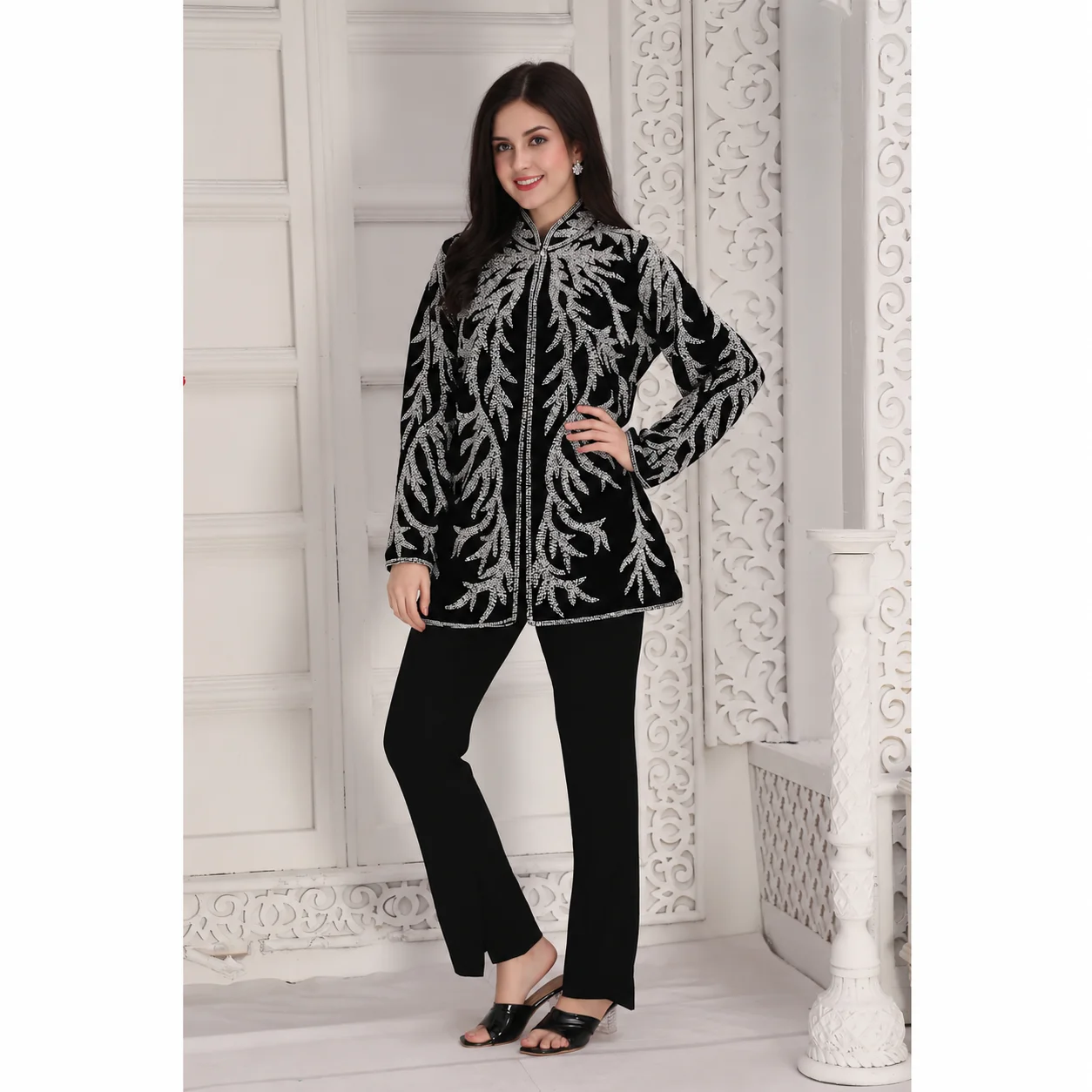 Black Velvet Jacket with Silver Crystal Cut Dana Embroidery - Image 3