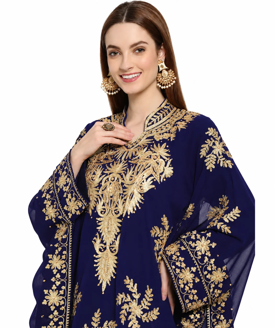 Navy Blue Georgette Evening Gown with Golden Crystal Embroidery - Image 3