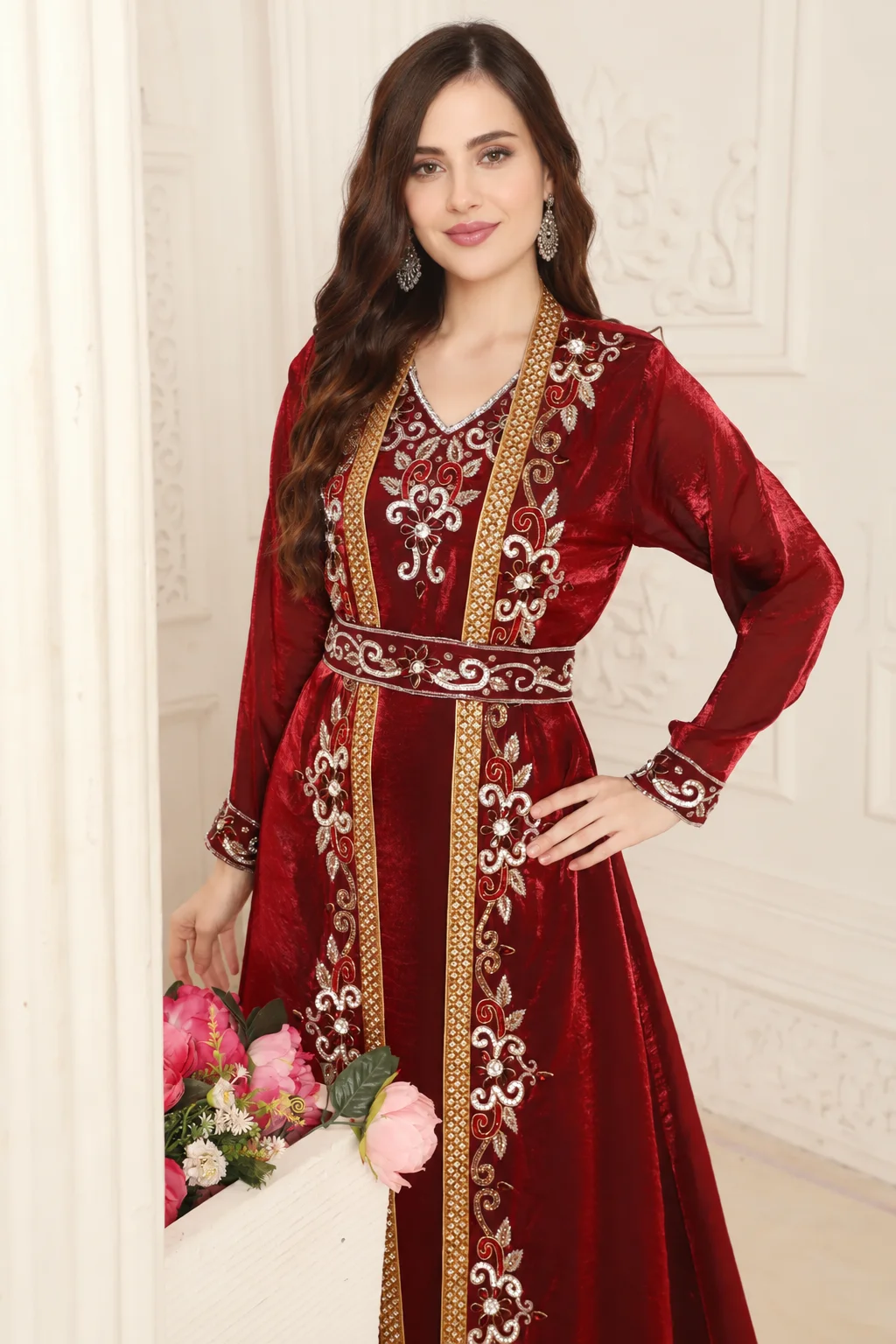 Maroon and Gold Zari Embroidered Front-Open Wedding Gown - Image 5