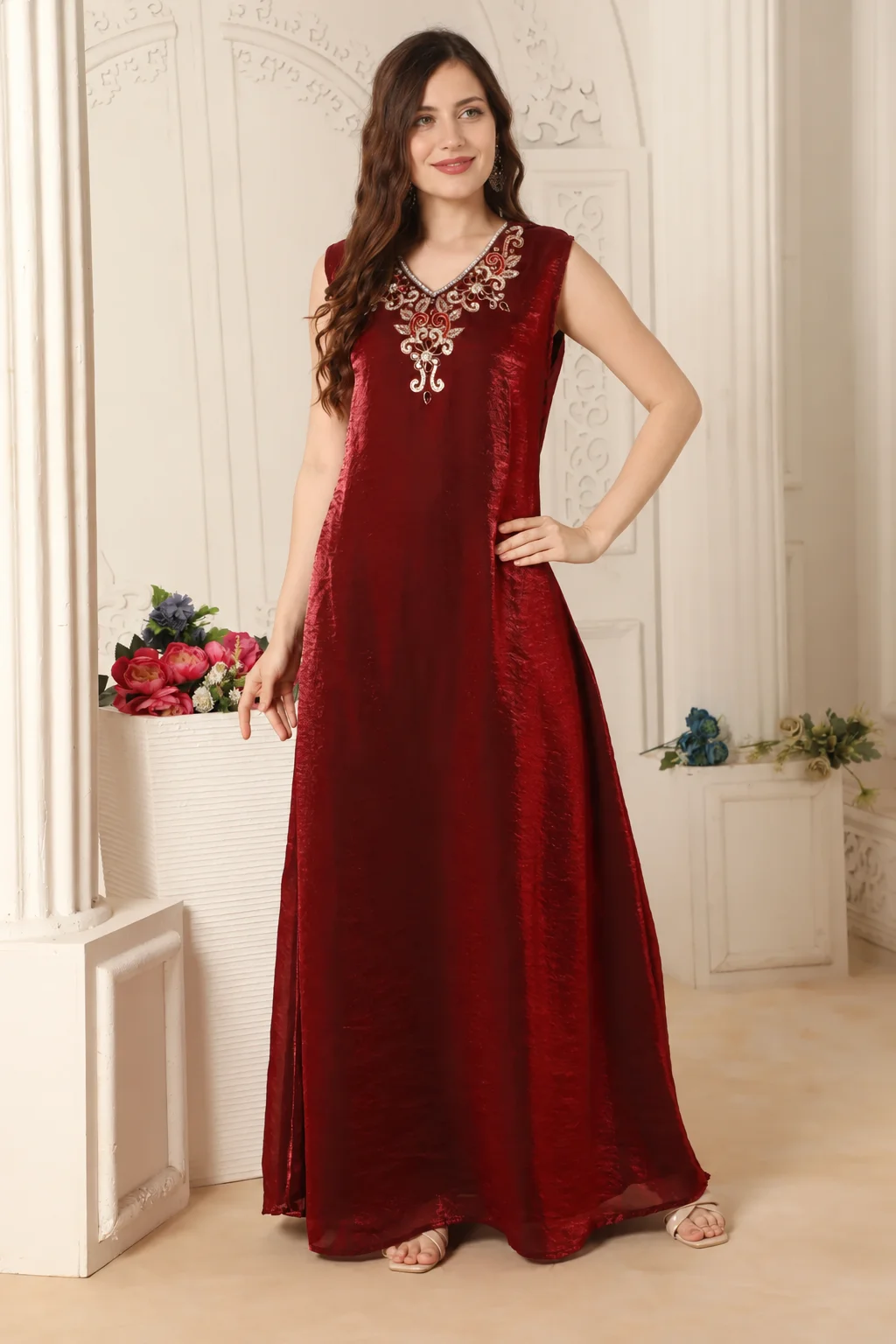 Maroon and Gold Zari Embroidered Front-Open Wedding Gown - Image 6