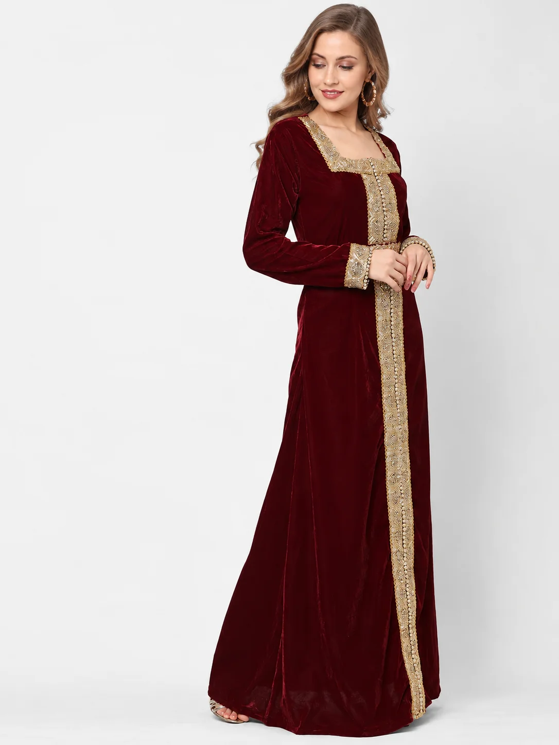 Maroon Velvet Maxi Gown with Golden Lace Embroidery - Image 9