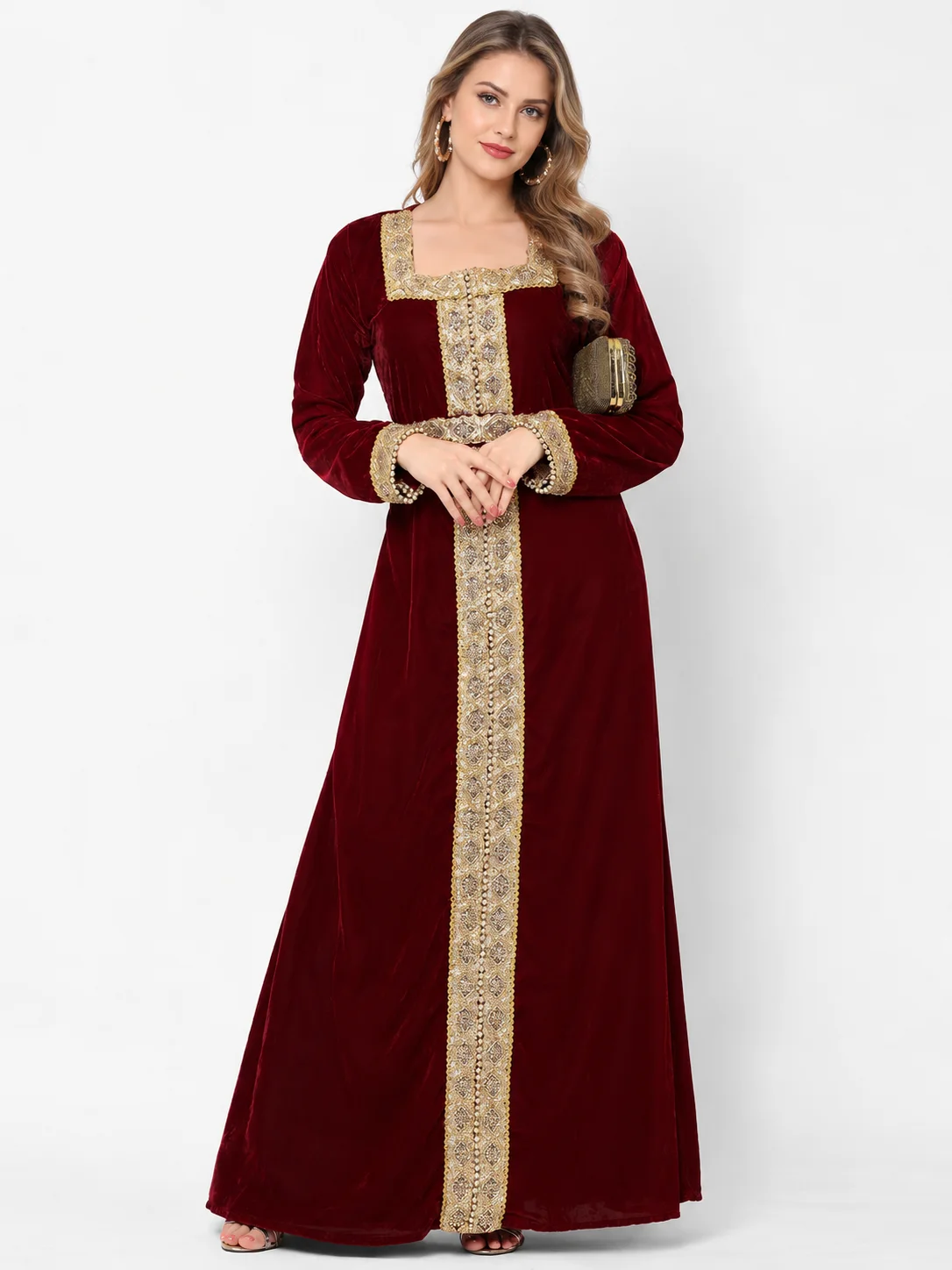 Maroon Velvet Maxi Gown with Golden Lace Embroidery - Image 10