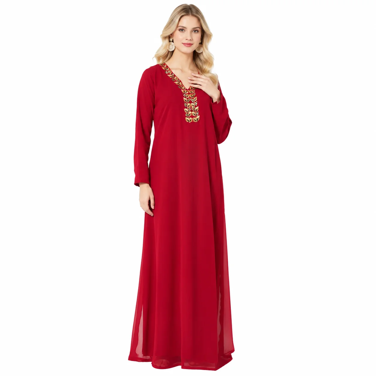 Red Jellabiya Maxi Gown with Traditional Golden Embroidery - Image 3