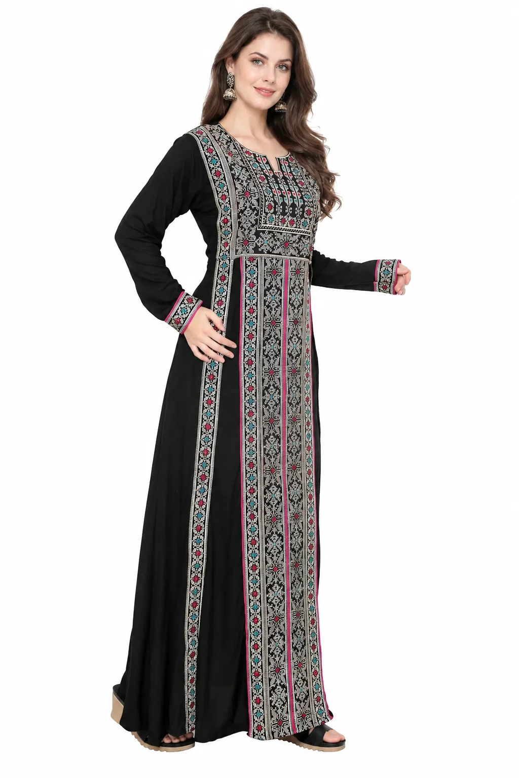 Black Rayon Kaftan Maxi Dress with Cross-Stitch Embroidery - Image 4