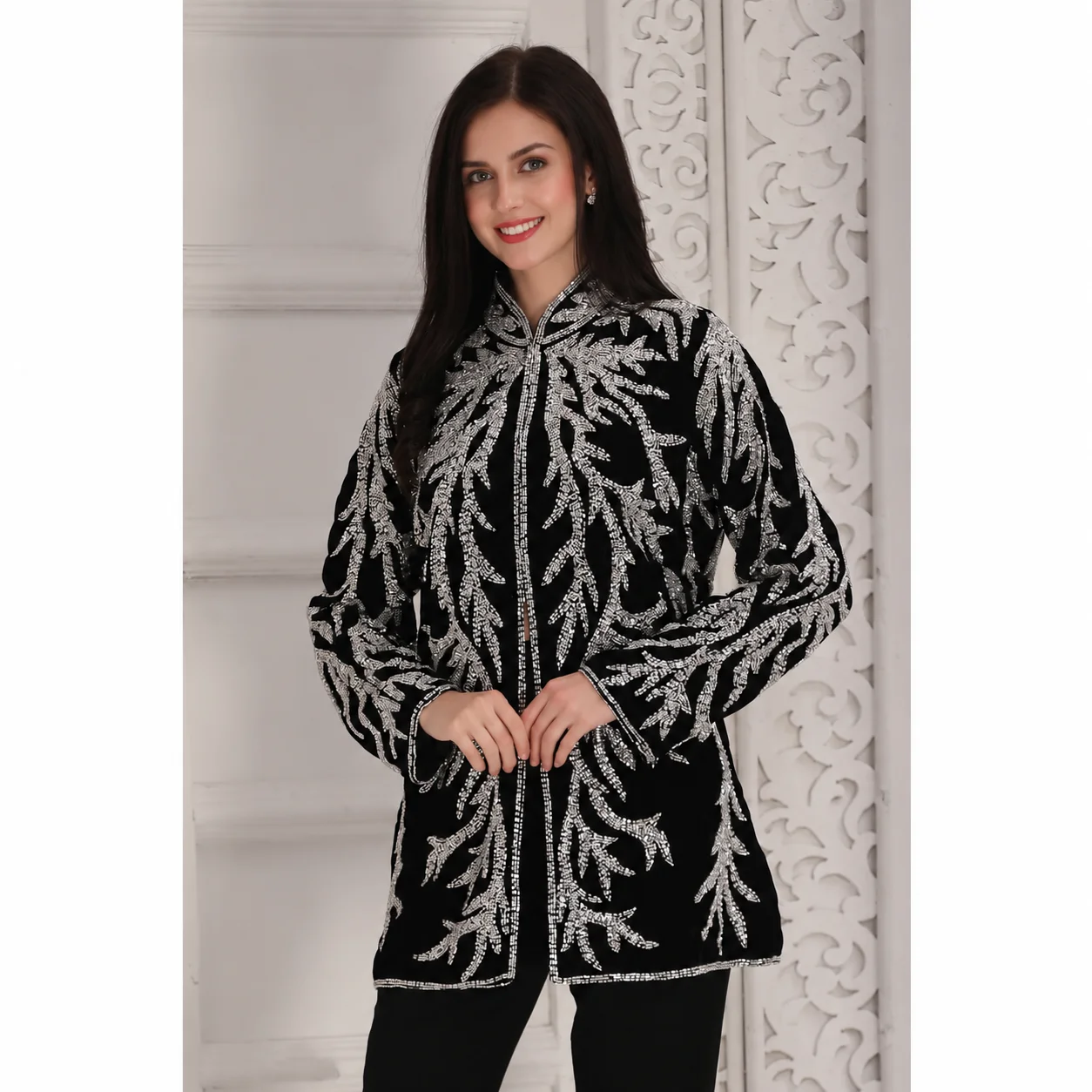 Black Velvet Jacket with Silver Crystal Cut Dana Embroidery - Image 4