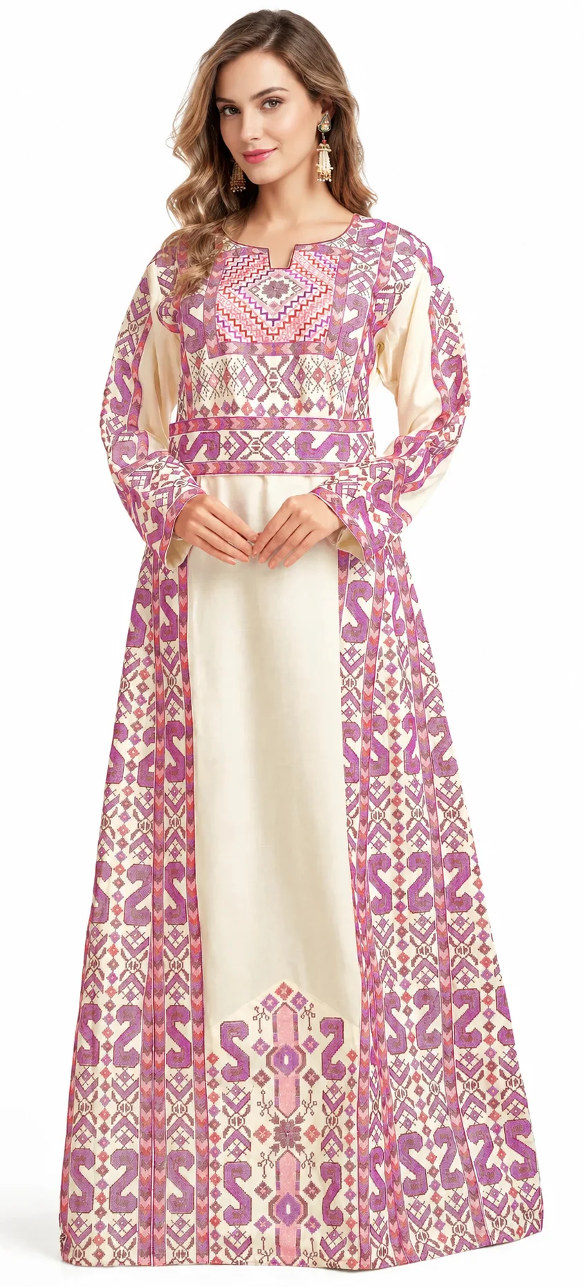 Cream Rayon Cross-Stitch Kaftan Dress with Matching Belt - Image 3