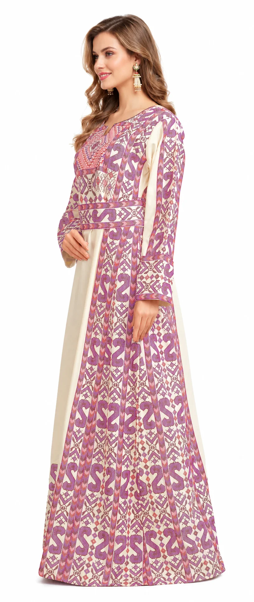 Cream Rayon Cross-Stitch Kaftan Dress with Matching Belt - Image 4