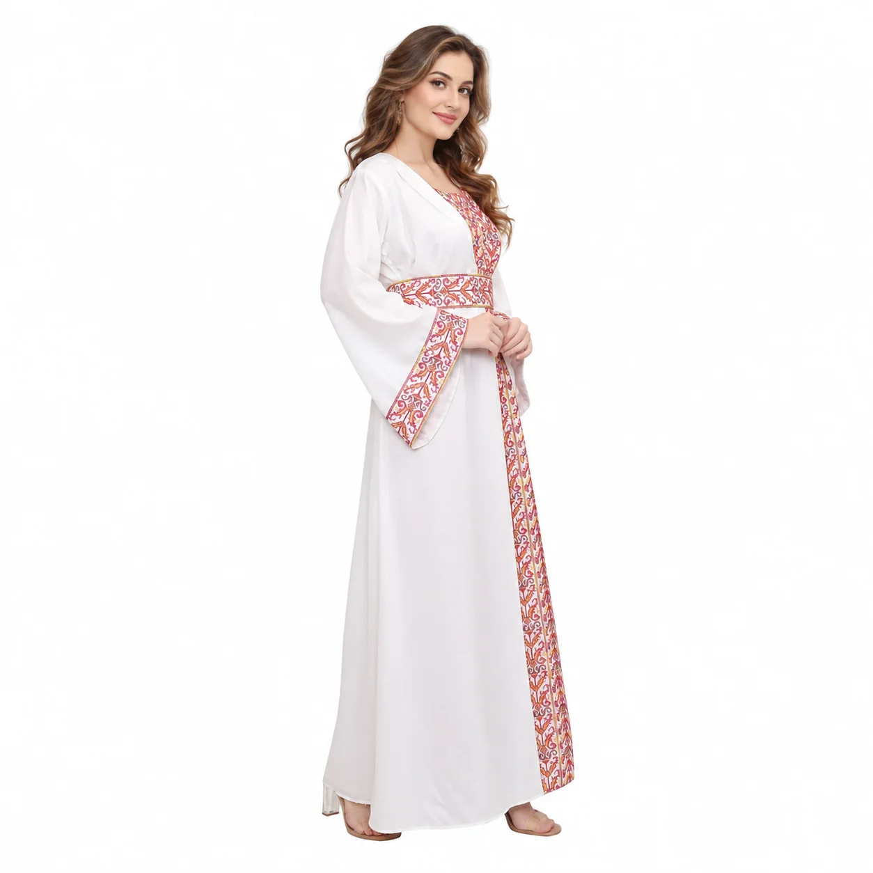 Cream Cross-Stitch Embroidered Georgette Kaftan Dress - Image 5