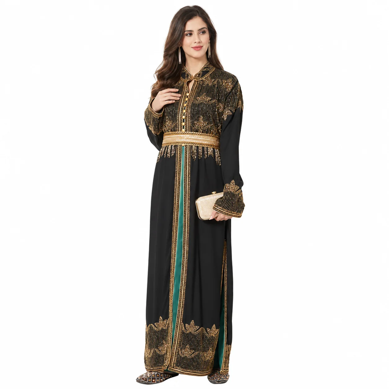 Black and Bottle Green Embroidered 3-Piece Maxi Dress - Image 4