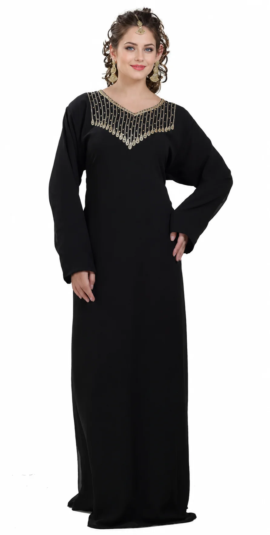 Black Arabian Walima Kaftan Gown with Golden Crystal Embroidery - Image 4