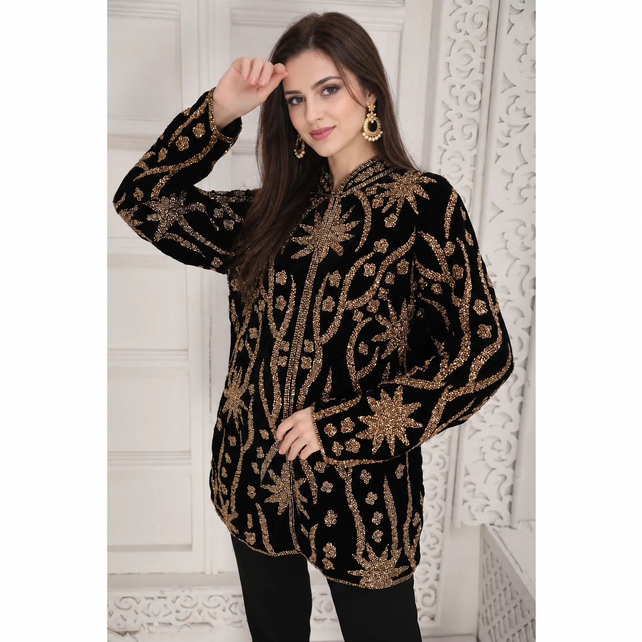 Black Velvet Jacket Top with Golden Cut Dana Embroidery - Image 4